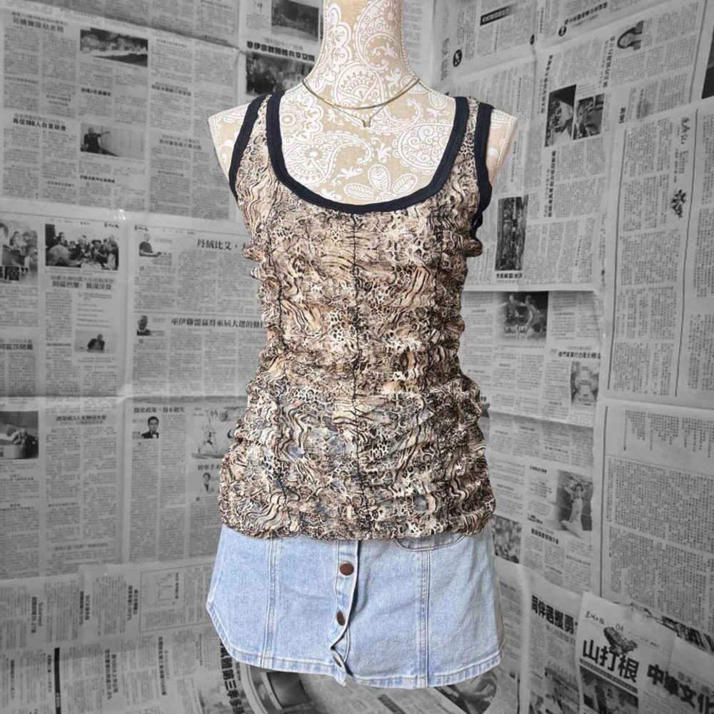 Day Trip Brown Black Animal Print Ruched Tank Top Y2K Stretchy Fitted Large